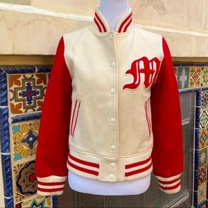 Vintage 1990’s Cream Wool Letterman Bomber Jacket w/ Red “M” by LOVE BOAT Sz S